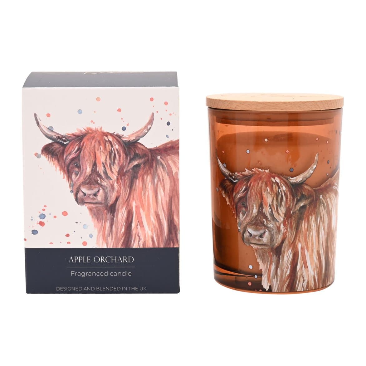 Glass candle vessel with a watercolour Highland cow design