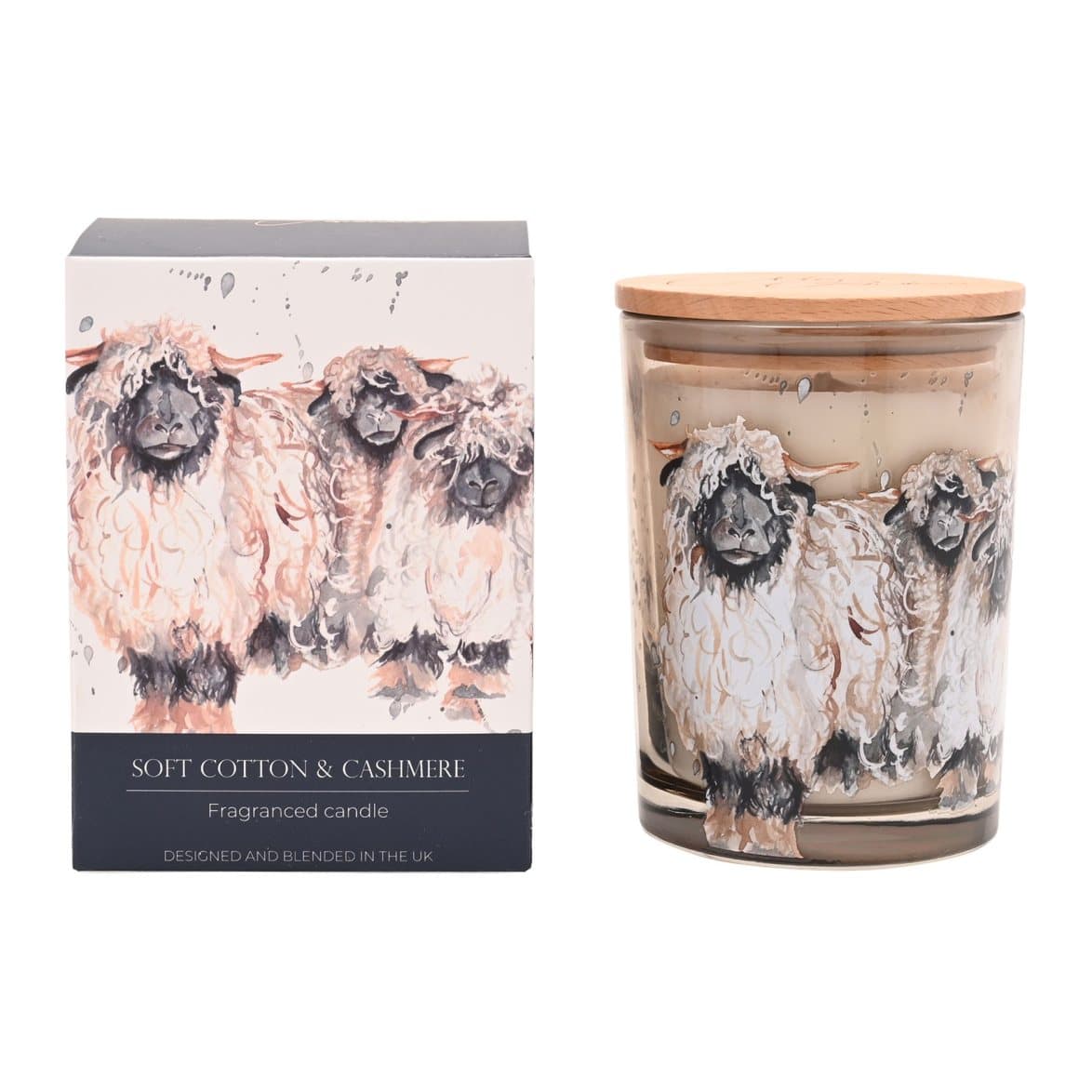 Meg Hawkins sheep candle in a glass vessel with a watercolour sheep