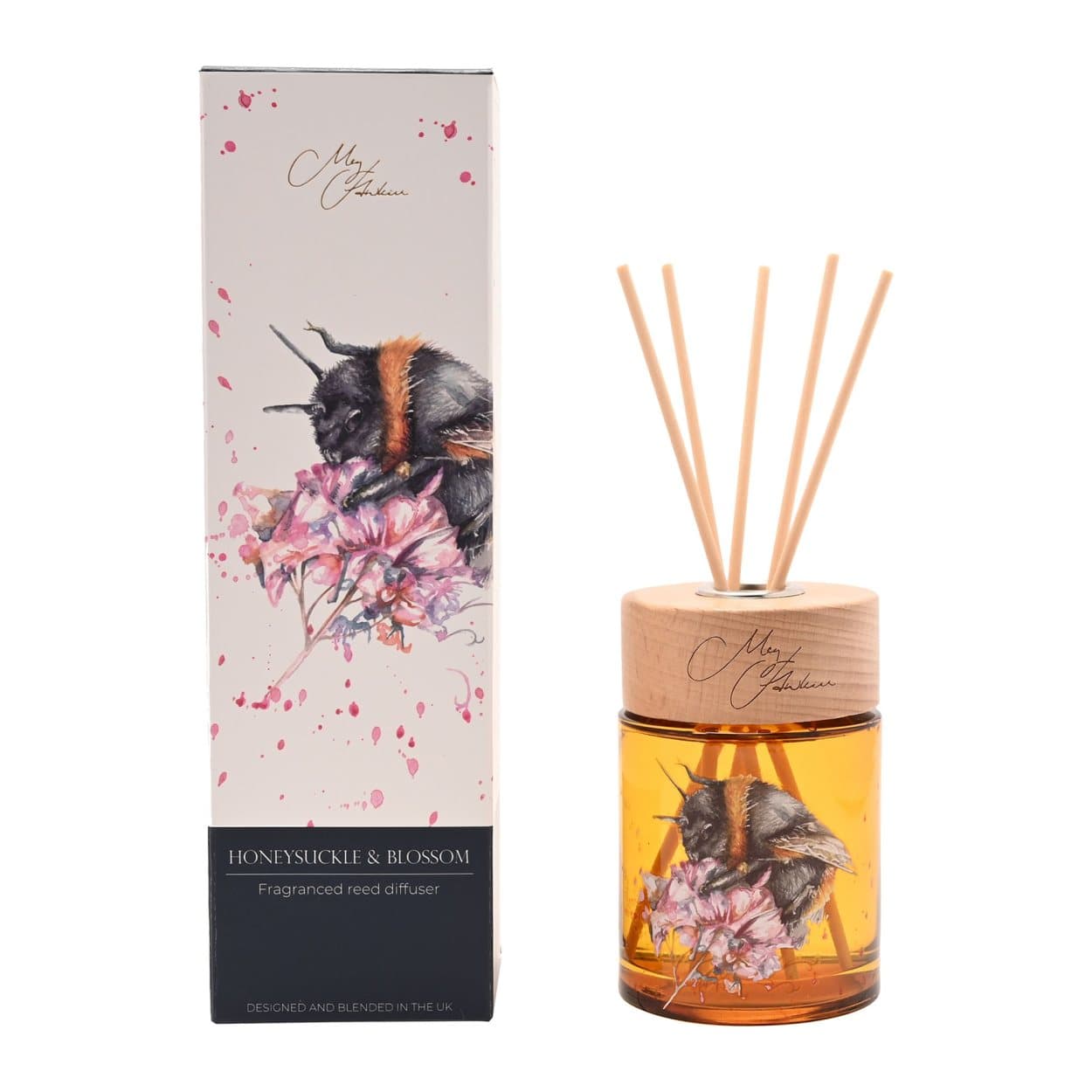 Reed diffuser and packaging with a watercolour bumble bee illustration