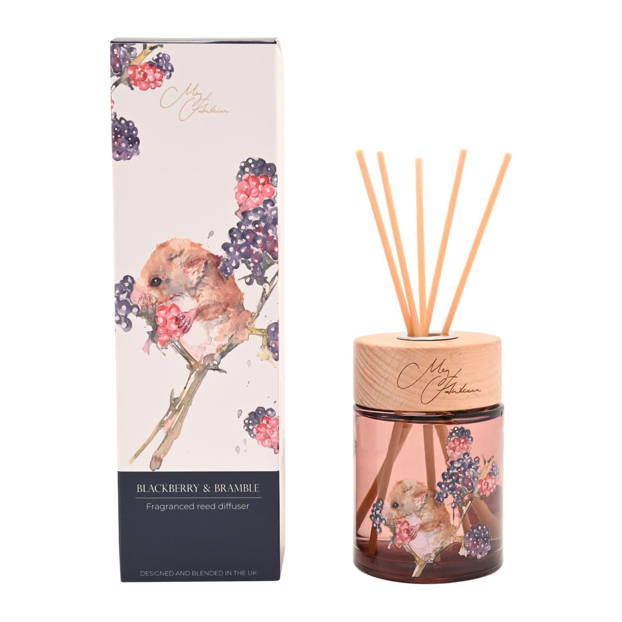 Meg Hawkins reed diffuser with a watercolour field mouse illustration