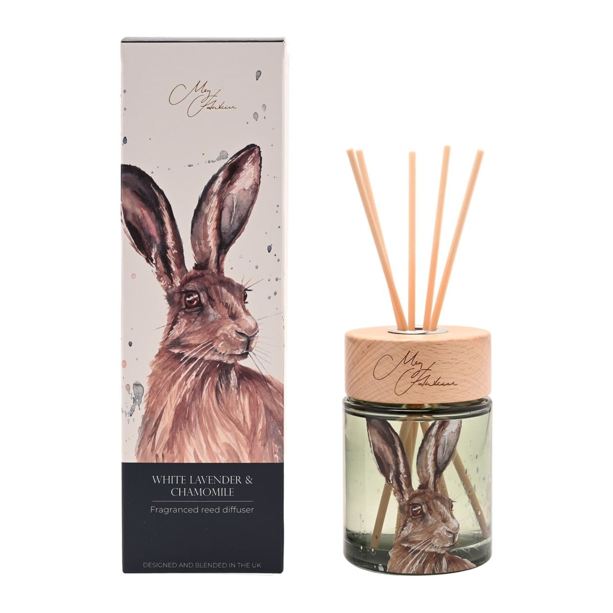Meg Hawkins hare reed diffuser with watercolour hare illustration