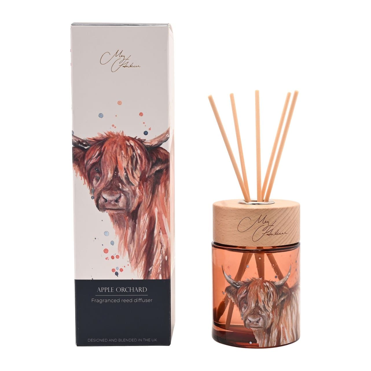 Meg Hawkins Highland cow reed diffuser with watercolour Highland cow illustration