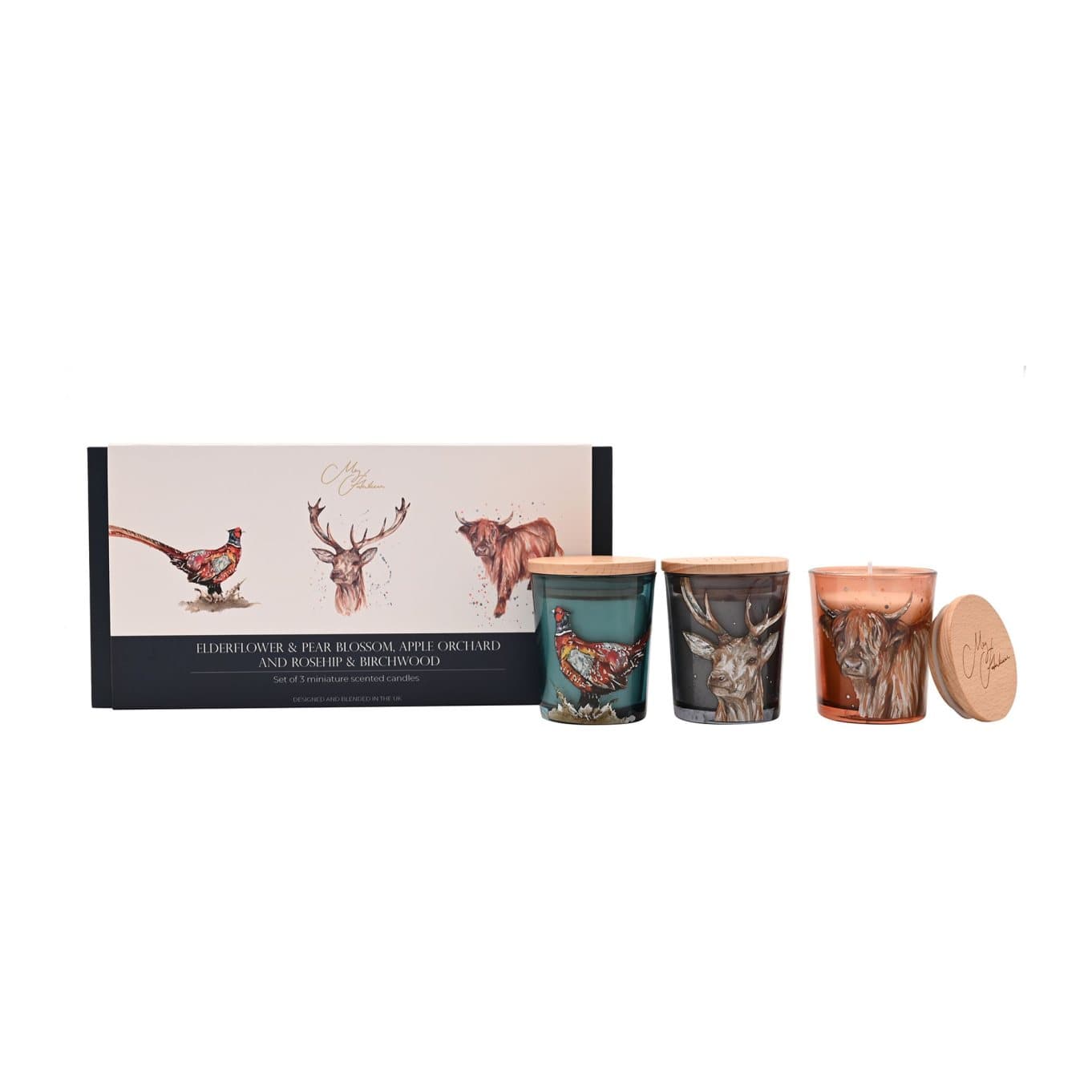 Meg Hawkins The Highlands set of three mini candles in glass jars with illustrated box