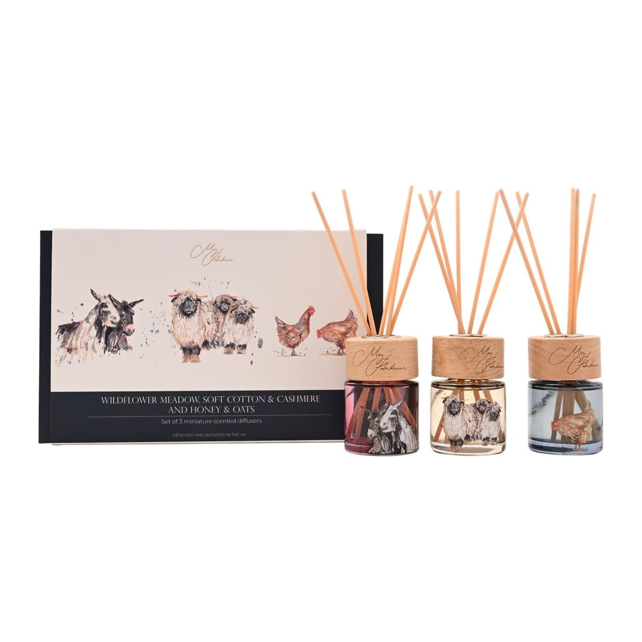 Meg Hawkins The Farm mini reed diffusers set in an illustrated box