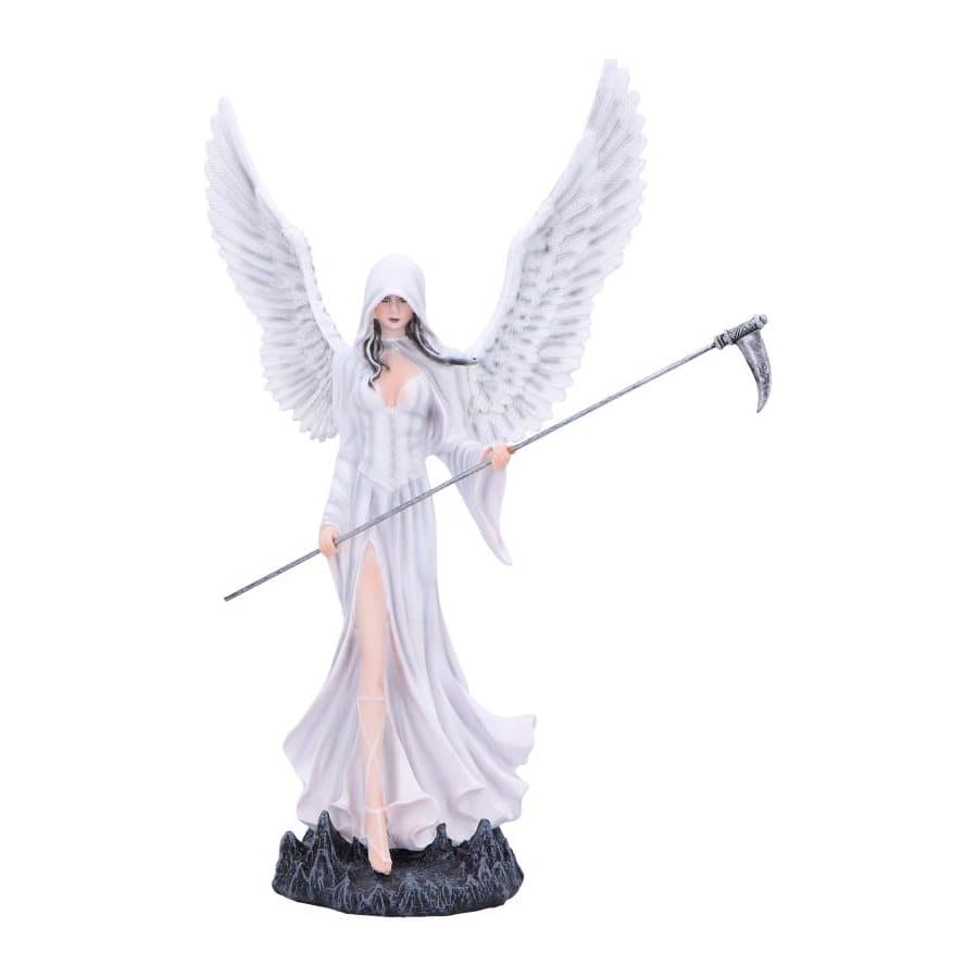 Small white-robed resin angel figurine with feathered wings, hood and scythe