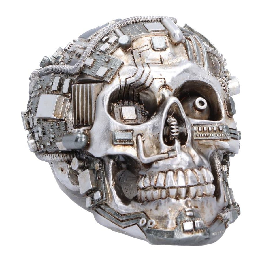 Small silver micro chip skull figurine with gears and bolts