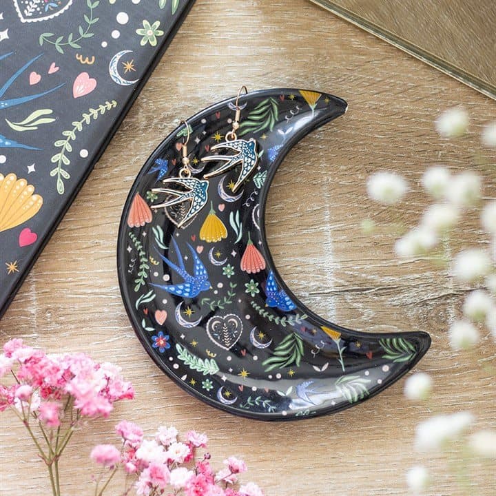 Ceramic Midnight Bloom crescent moon trinket dish