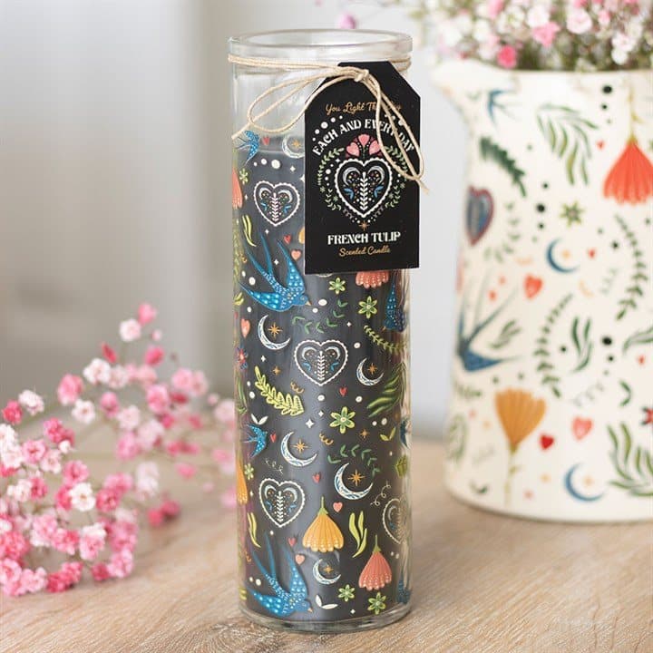 Tall glass French Tulip tube candle with a black Midnight Bloom print