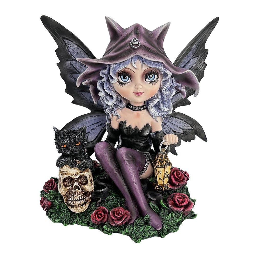 Gothic fairy figurine with black wings, purple hair, lantern and black cat