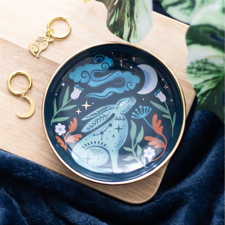 Ceramic trinket dish with a moon gazing hare and starry sky