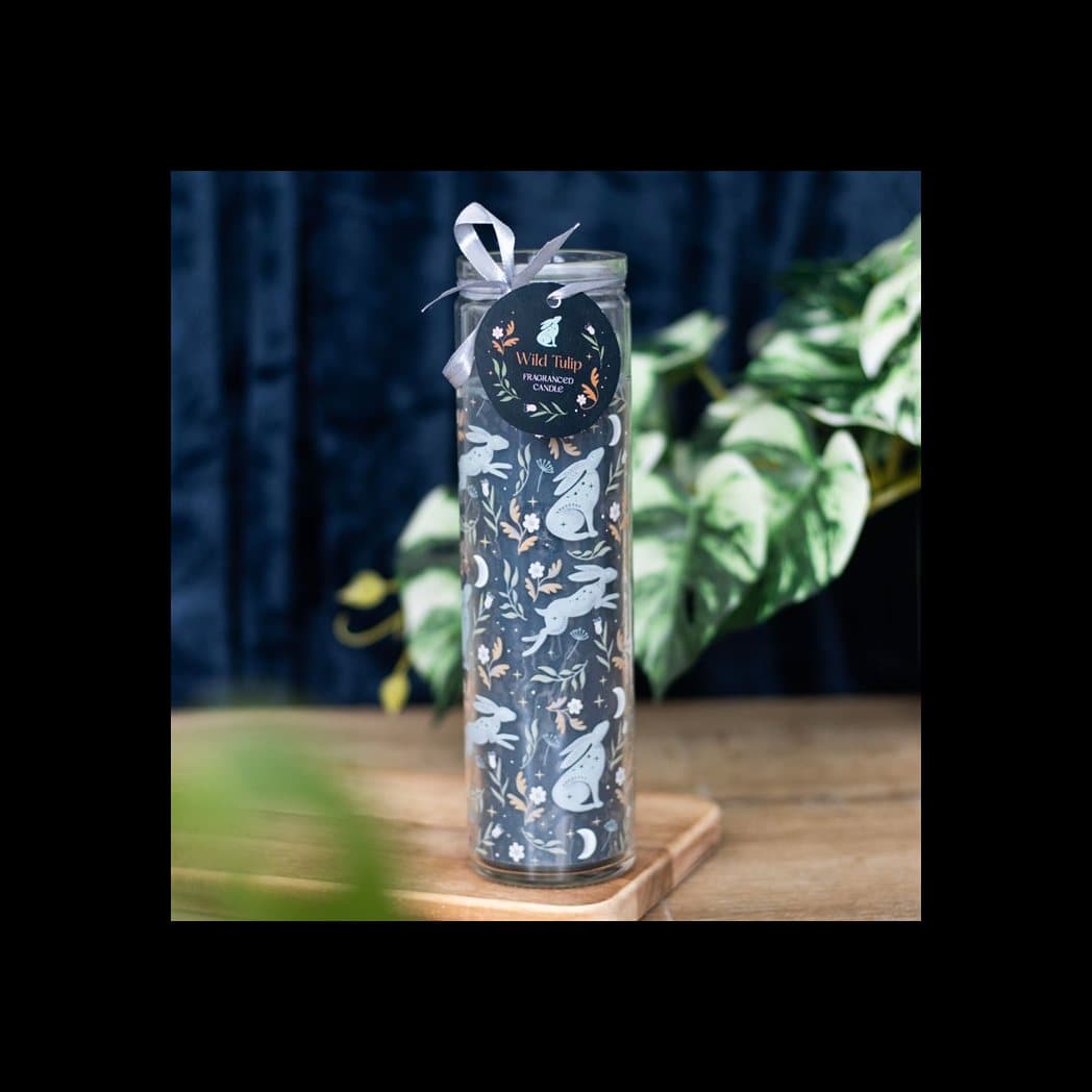 Tube candle printed with leaping and moon gazing hares