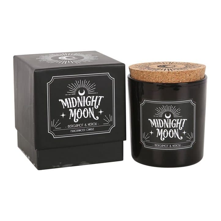 Midnight Moon bergamot and neroli candle in glass with a colour cardboard box