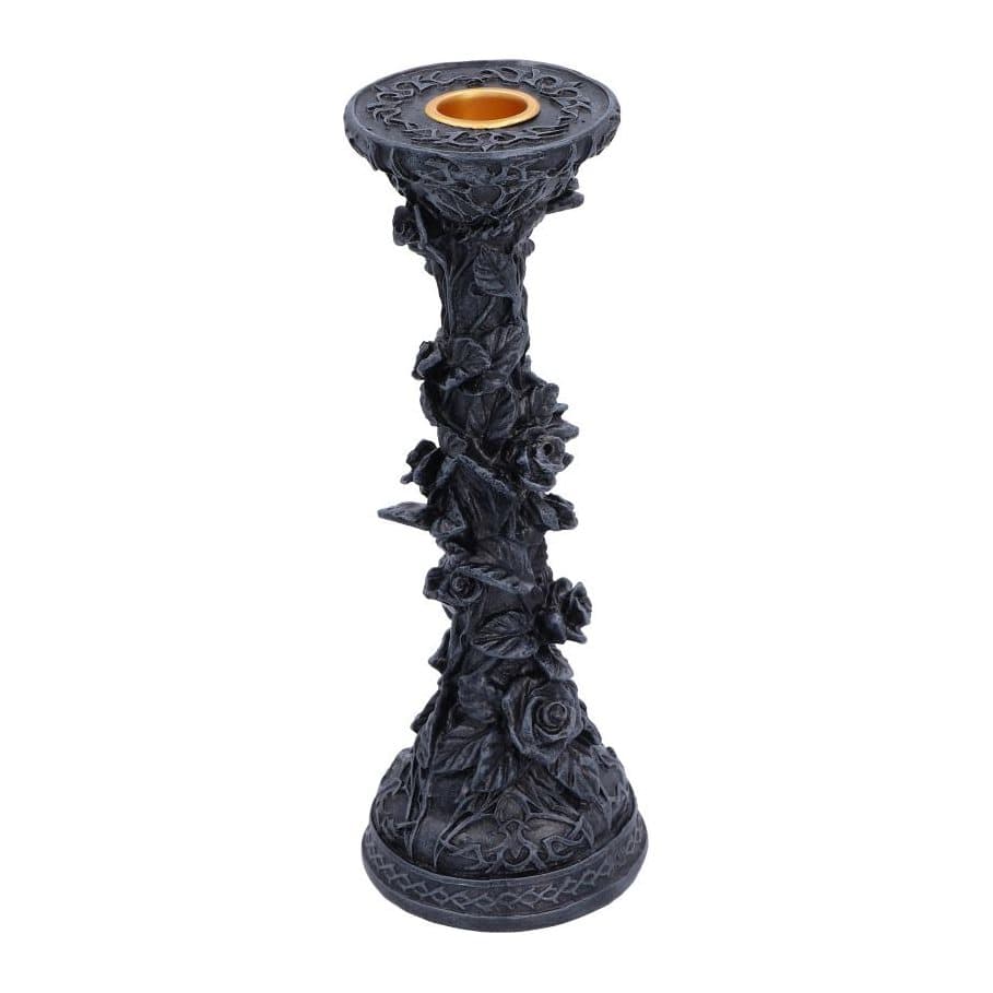 Resin stone pillar candlestick holder with black roses and dark vegetation