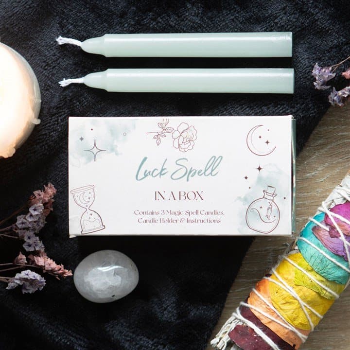 Mini luck spell box with three green spell candles
