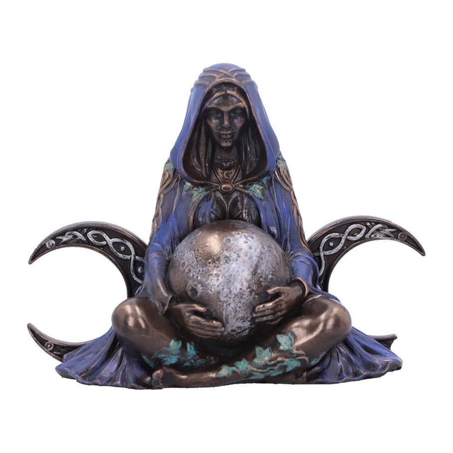 Hand-painted triple moon goddess figurine in a purple hooded cloak