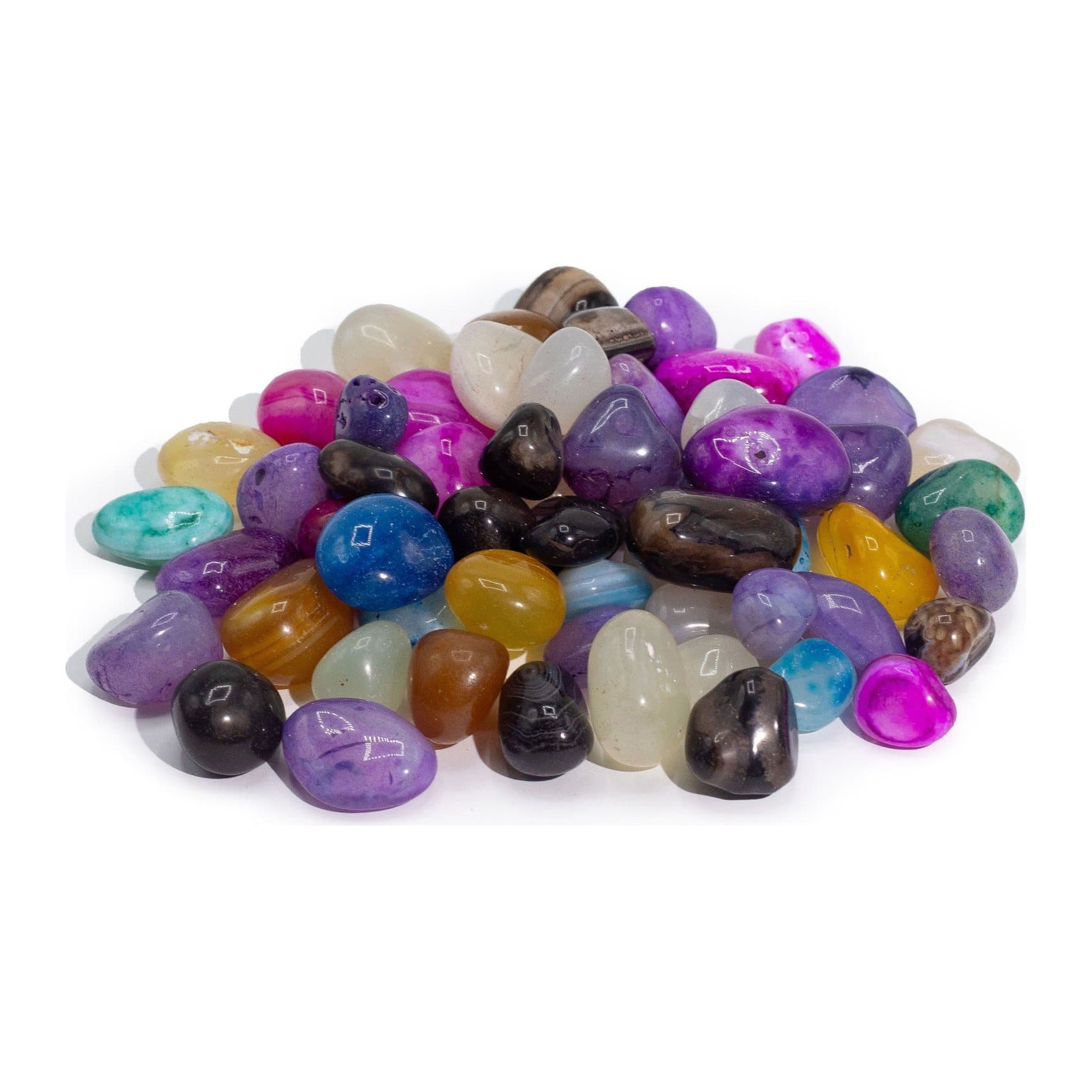 Polished agate tumble stones in purple, blue, green, pink, yellow and earthy tones