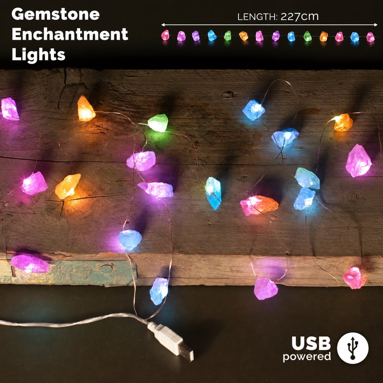 String of LED lights with crystal rocks glowing warmly