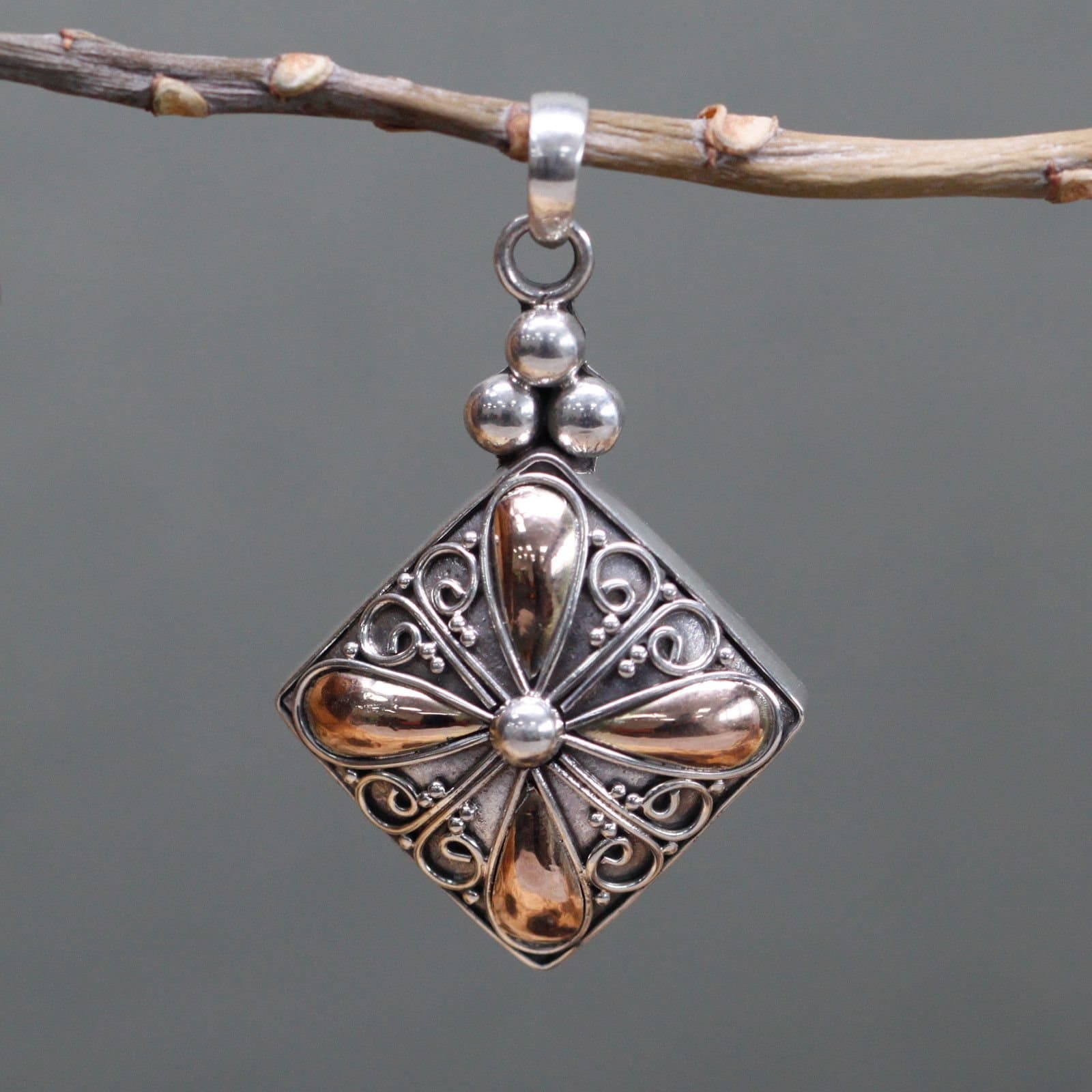 Silver and gold square drop pendant