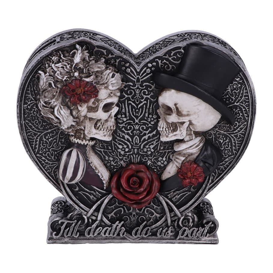 Heart-shaped money box with skeleton bride and groom and scarlet red roses
