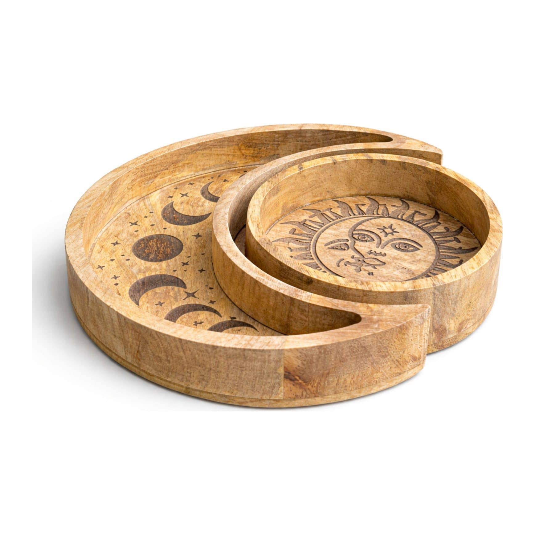 Carved mango wood crescent moon tray and round sun tray