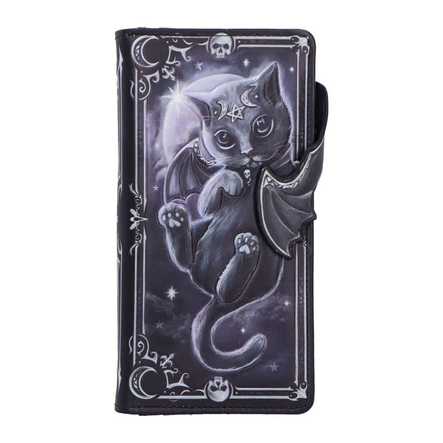 Embossed purse with crescent moons and a vampire cat