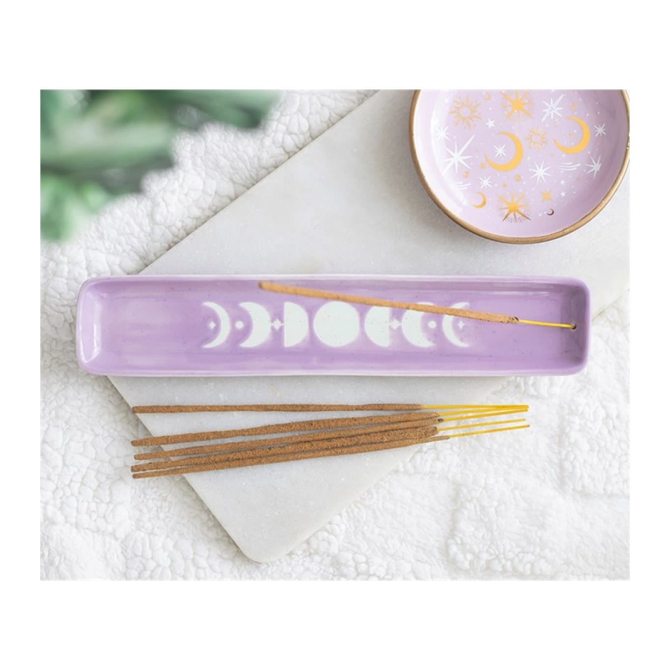 Long purple ceramic incense ash catcher with a white moon phase design