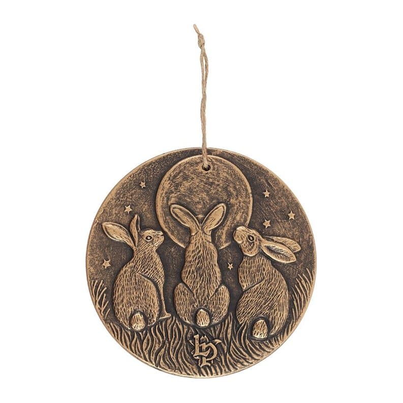 Terracotta wall plaque with three moon-gazing hares in a bronze-like finish