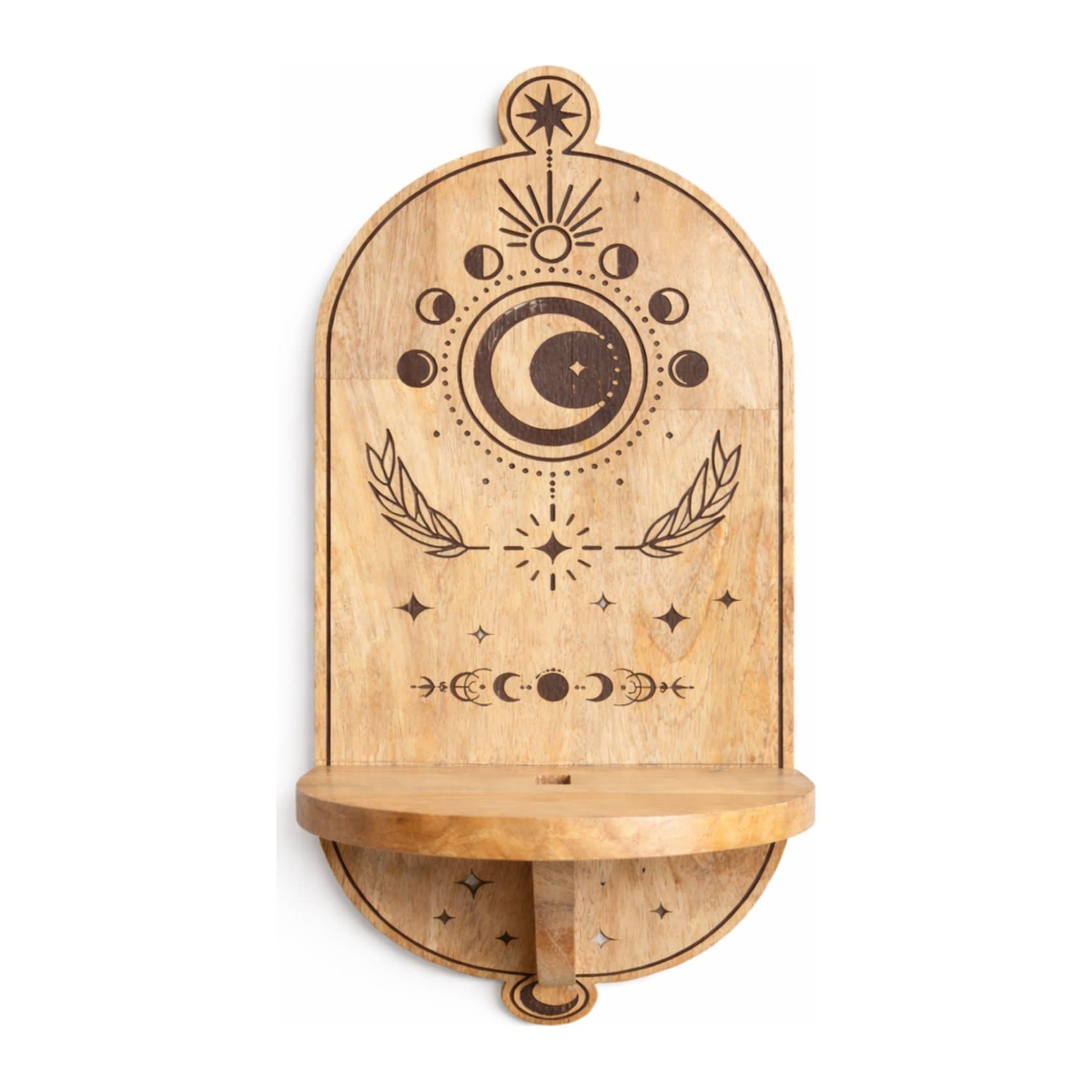 Mango wood wall shelf with moon and sun carved designs