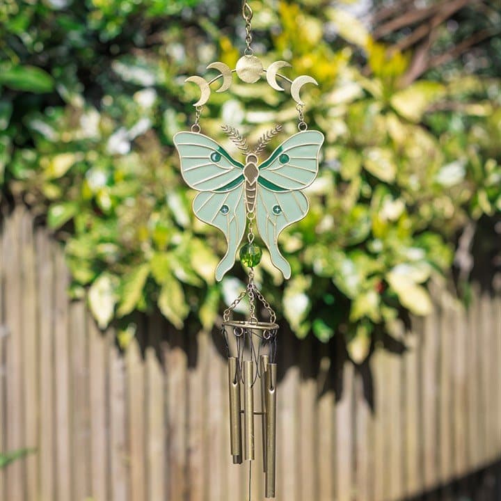 Moonphase moth wind chime with soft green wings and hanging metal chimes