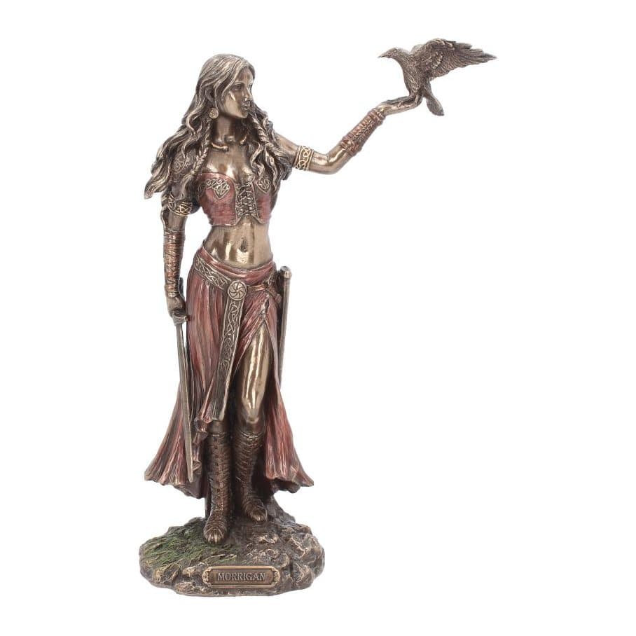 Bronze-finish resin Morrigan figurine with sword, red dress and raven