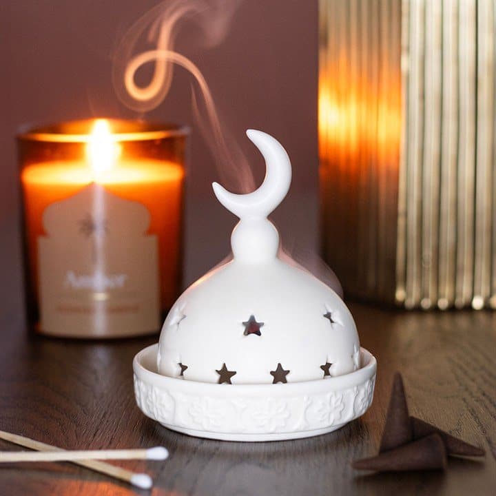 Ceramic holder with a decorative mosque design for incense cones or tealights