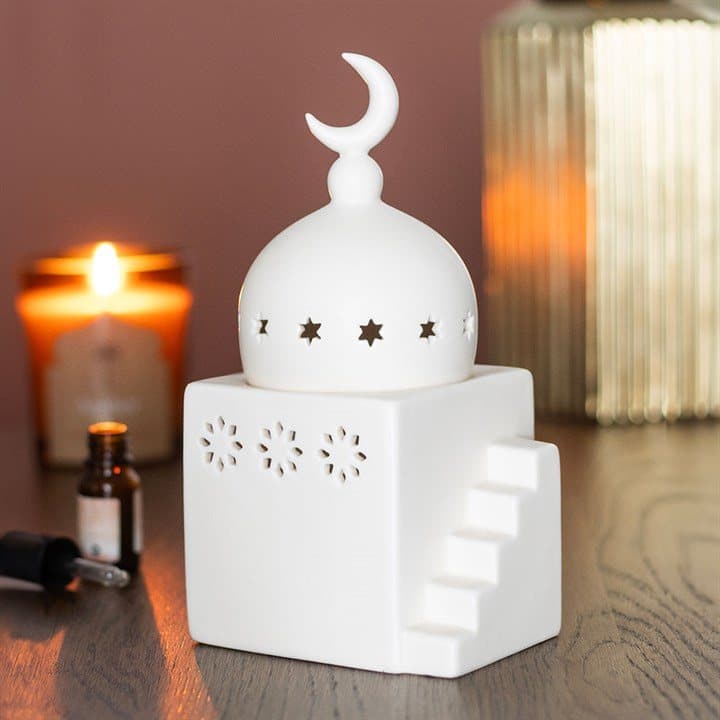 Ceramic mosque shaped burner with intricate cut-out detailing