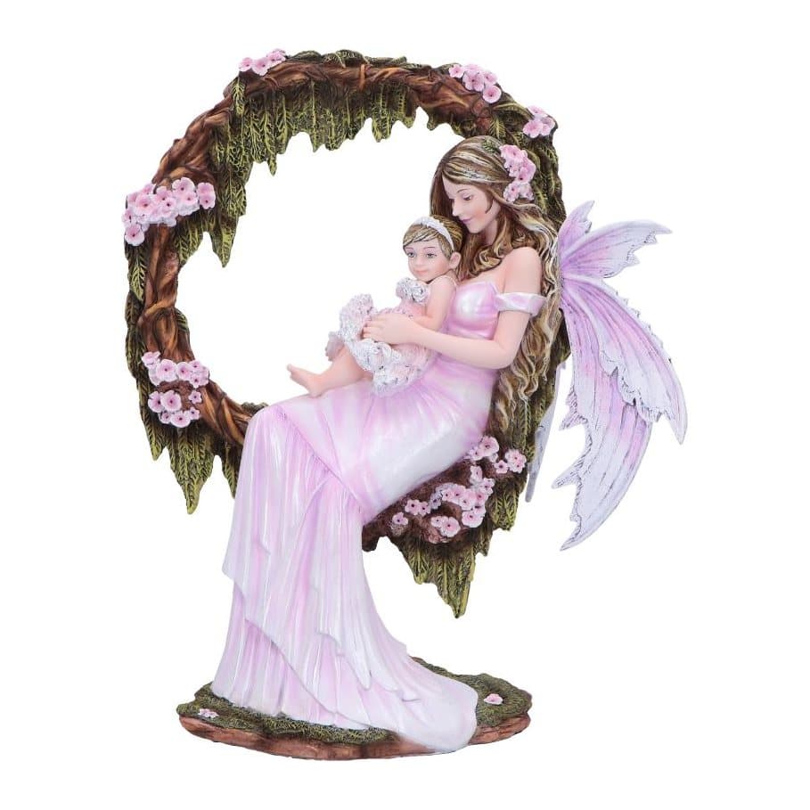 Pink fairy cradling a baby among pink blossoms and mossy vines