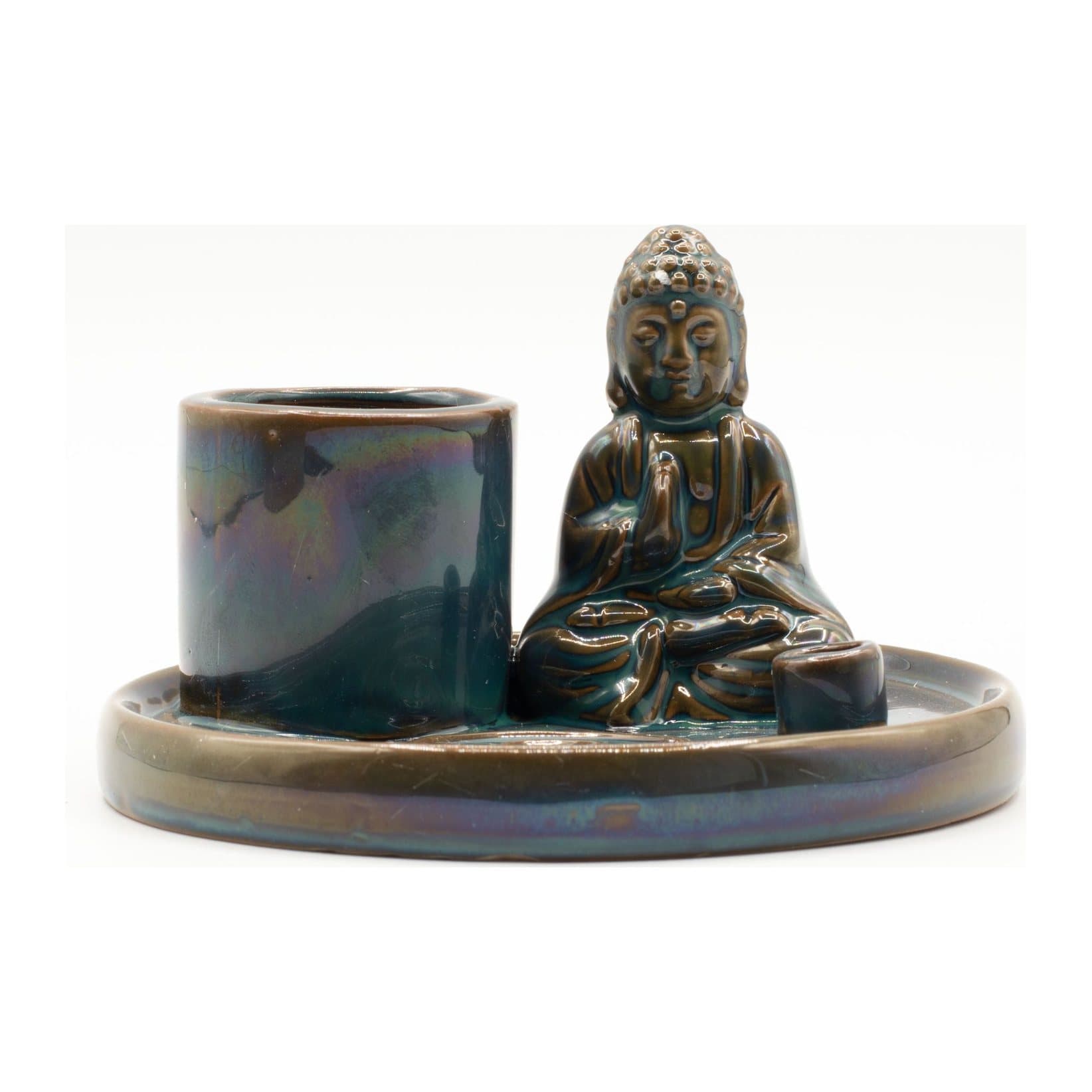 Ceramic incense plate with a seated Buddha figure and holders for incense sticks and cones