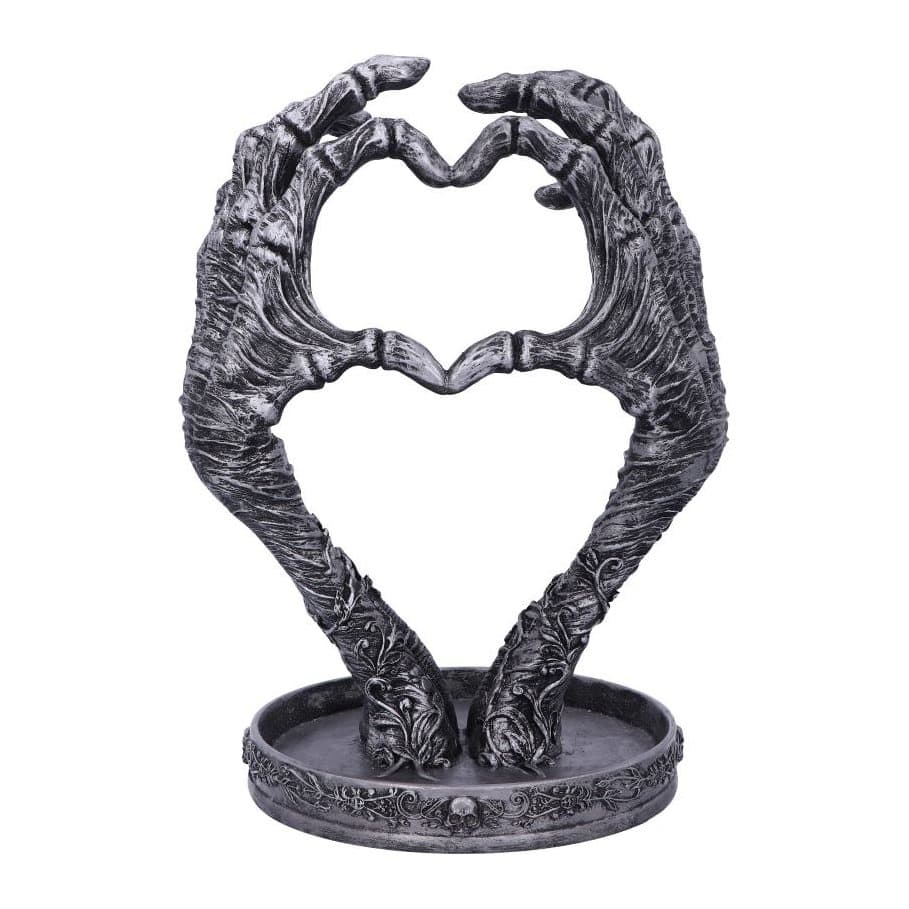 Gothic resin jewellery holder of mummified hands with skeletal fingers forming a heart