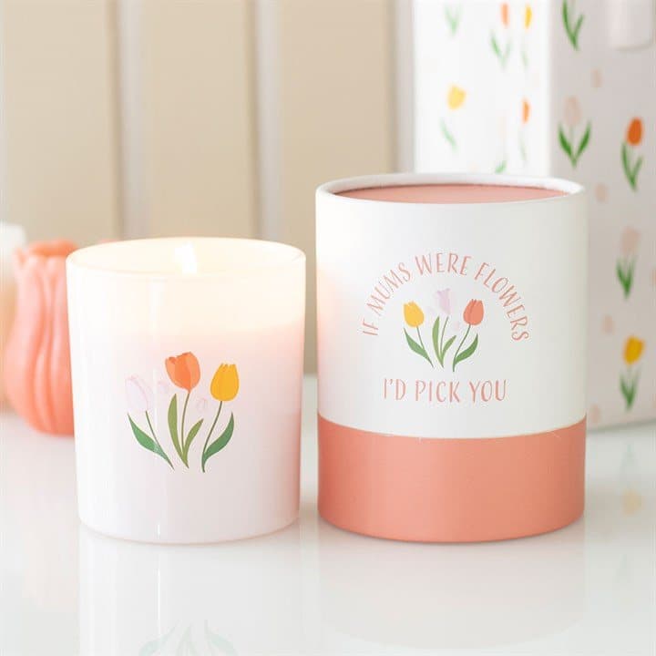 French tulip scented candle in a printed glass holder with a message for mum