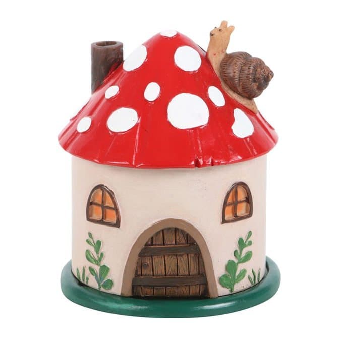 Mushroom house incense cone burner with a chimney