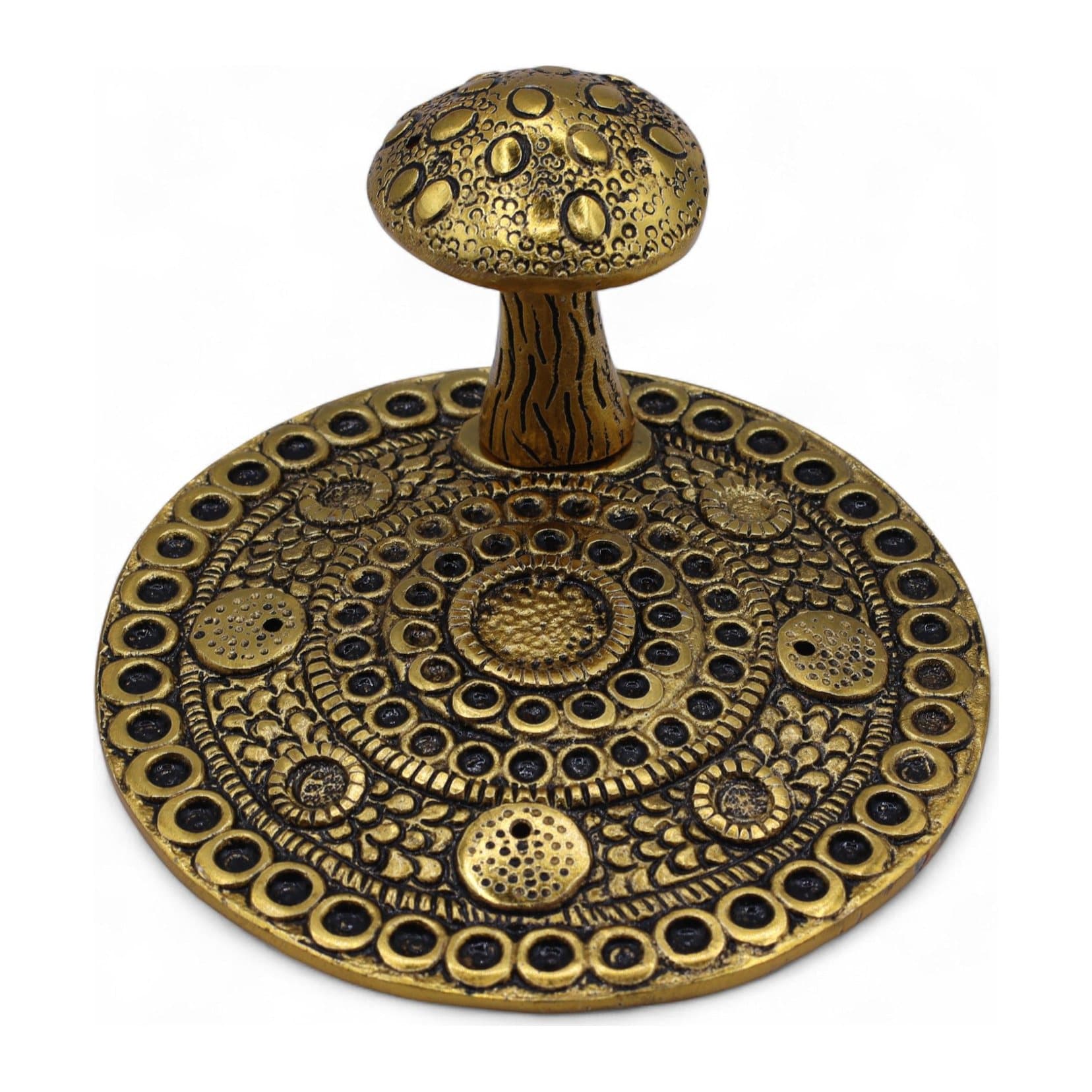 Brass effect aluminium mushroom incense holder with embossed patterned base