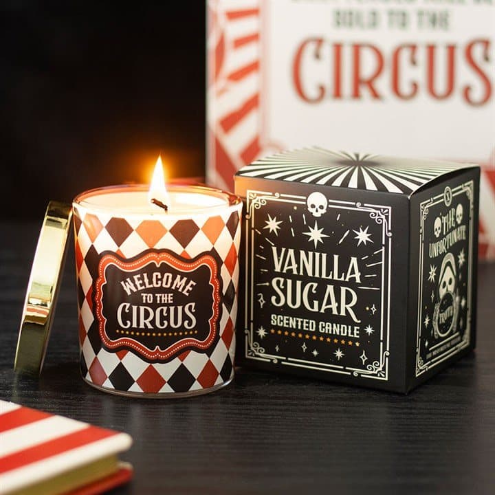 Vanilla sugar candle with a harlequin design and Welcome to the Circus label