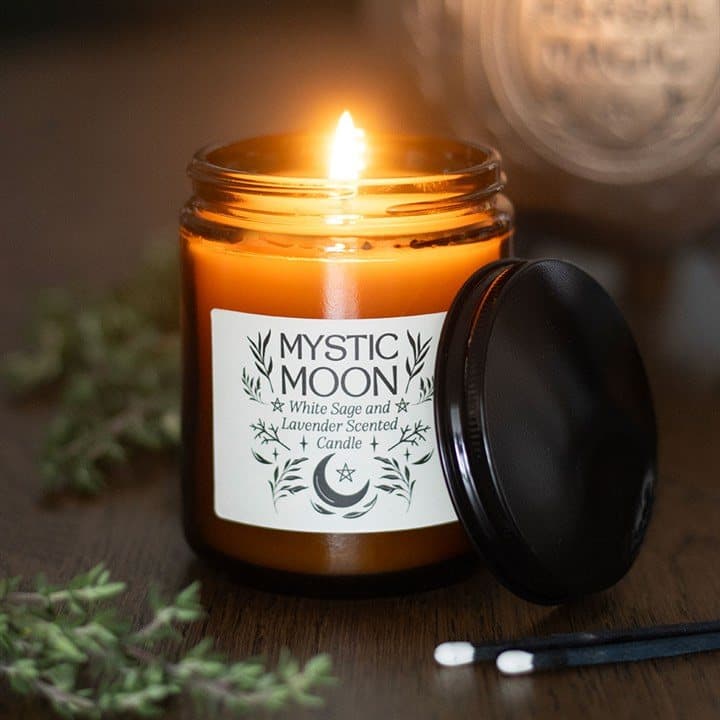 Mystic Moon sage and lavender candle in amber glass