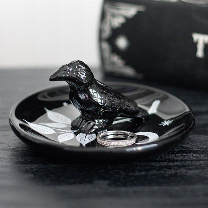 Black and white ceramic trinket dish with raven and moon details