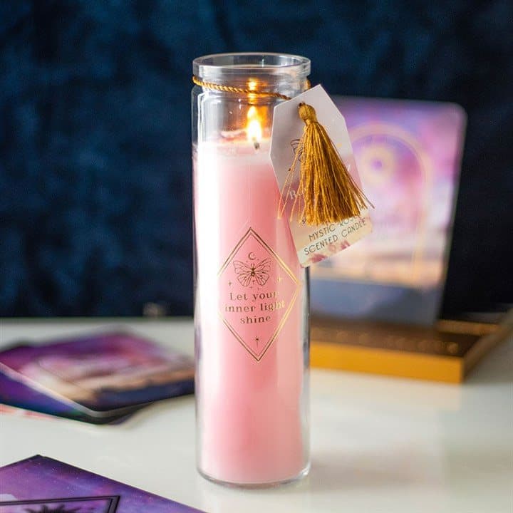 Rose tube candle with rose quartz crystal chips and gold lettering