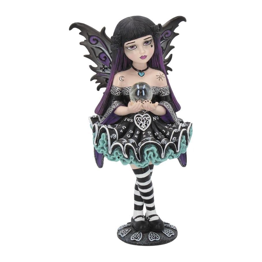 Gothic fairy figurine with crystal ball, black and purple wings and spirit board skirt