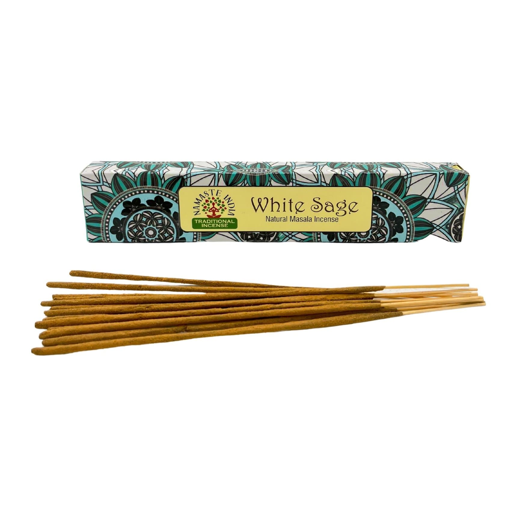 Namaste white sage masala incense sticks in mandala-patterned boxes