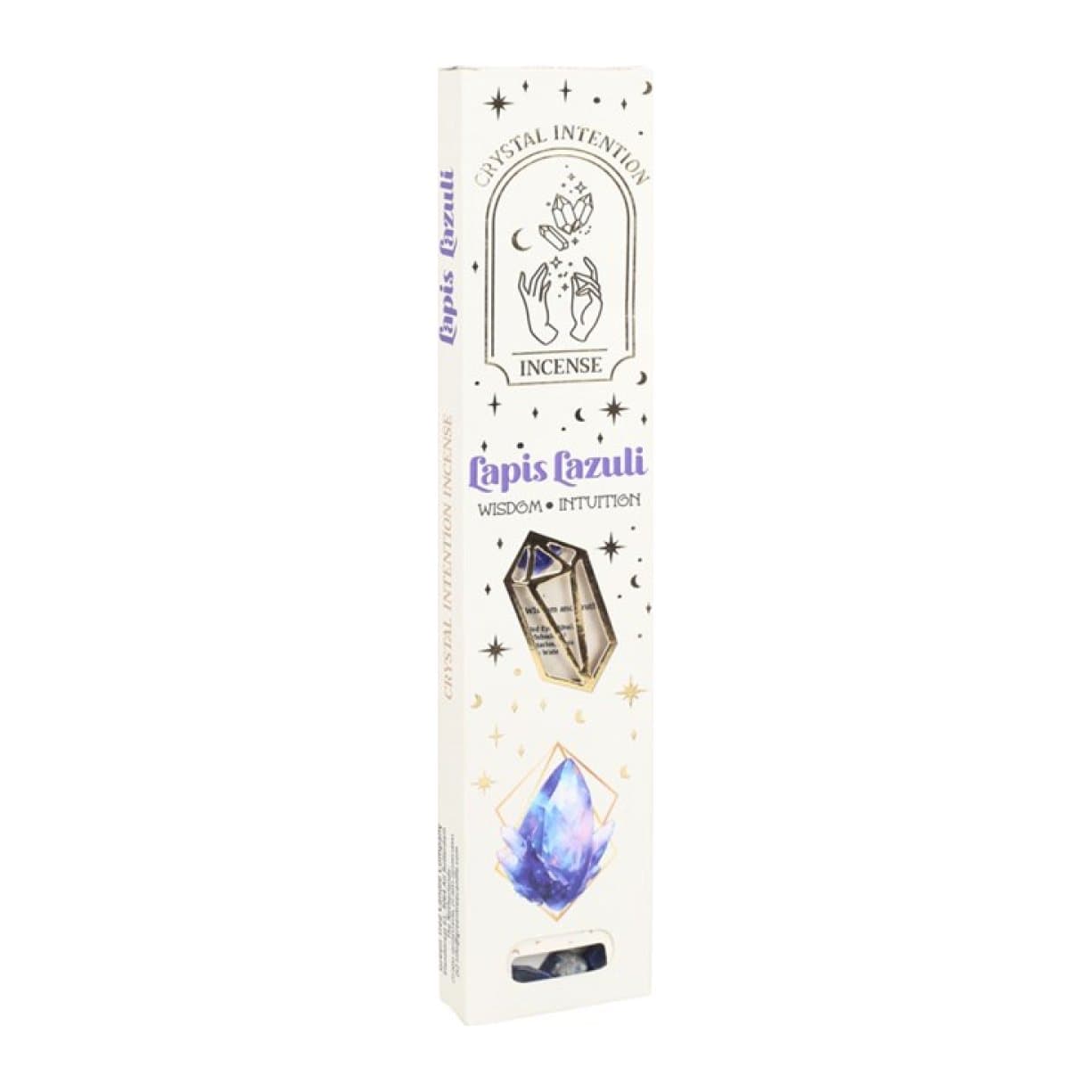 Packs of rosemary incense sticks with lapis lazuli crystal chips in a display box