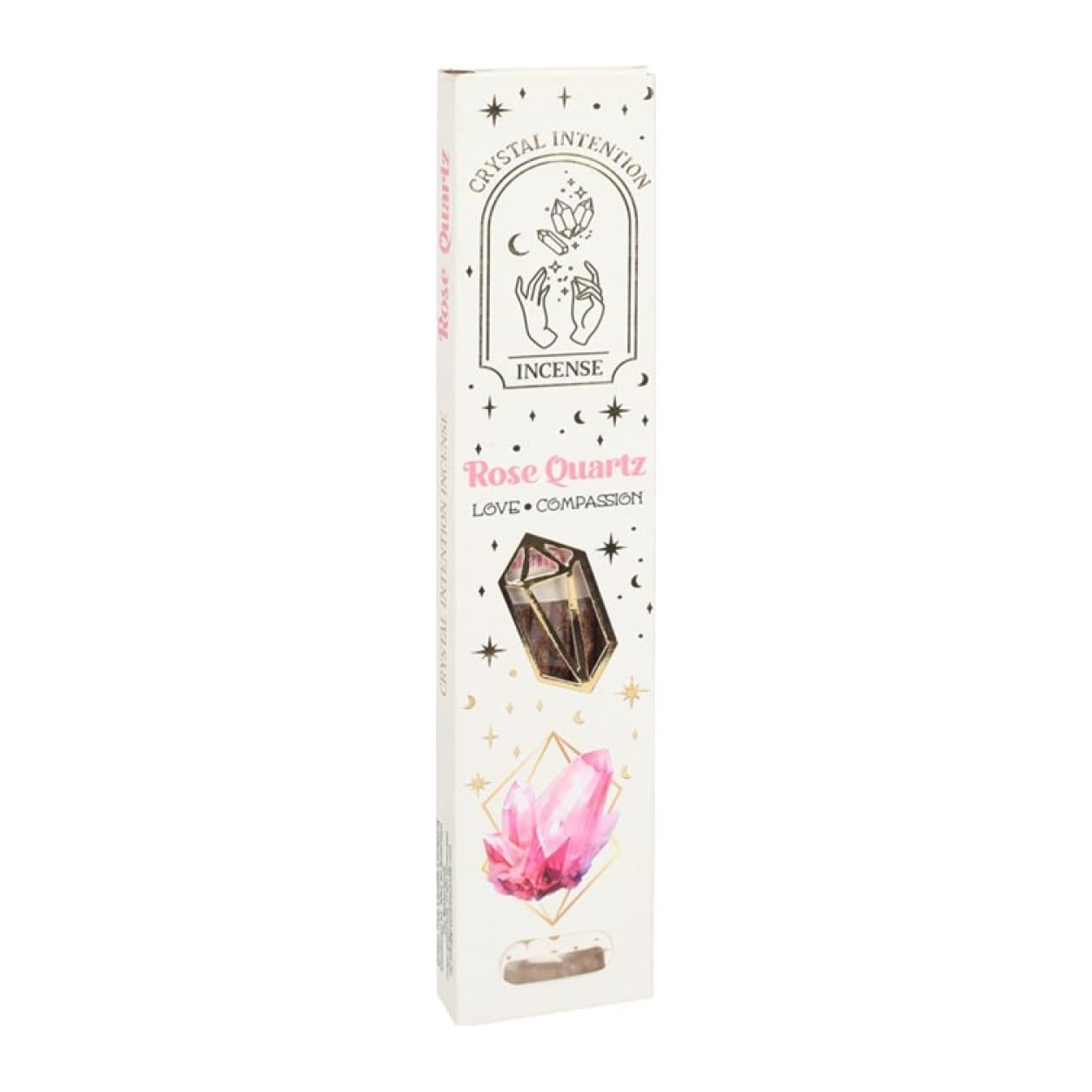 Display box of Native Soul rose incense packs with rose quartz chips