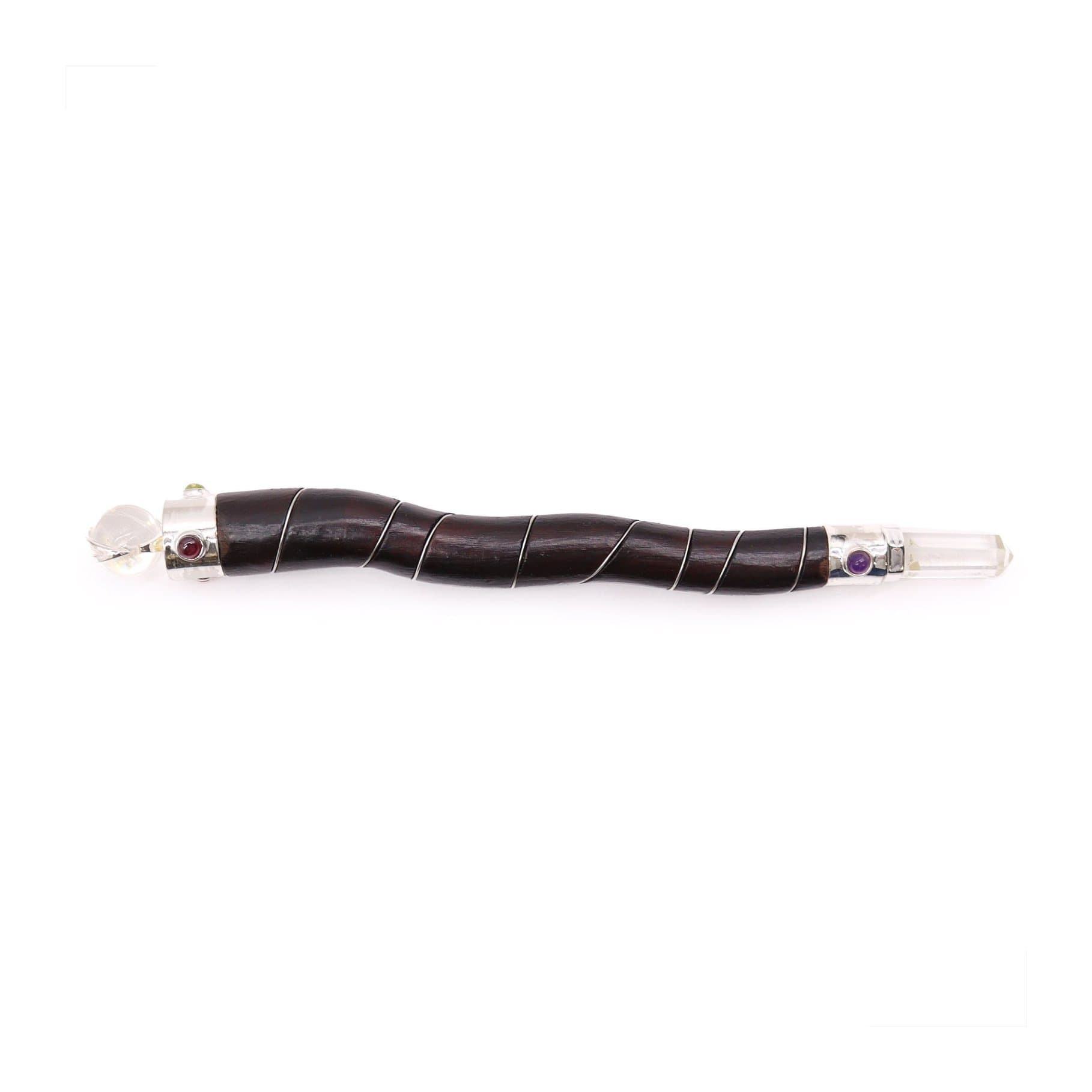 Curved wooden wand with a rock quartz crystal