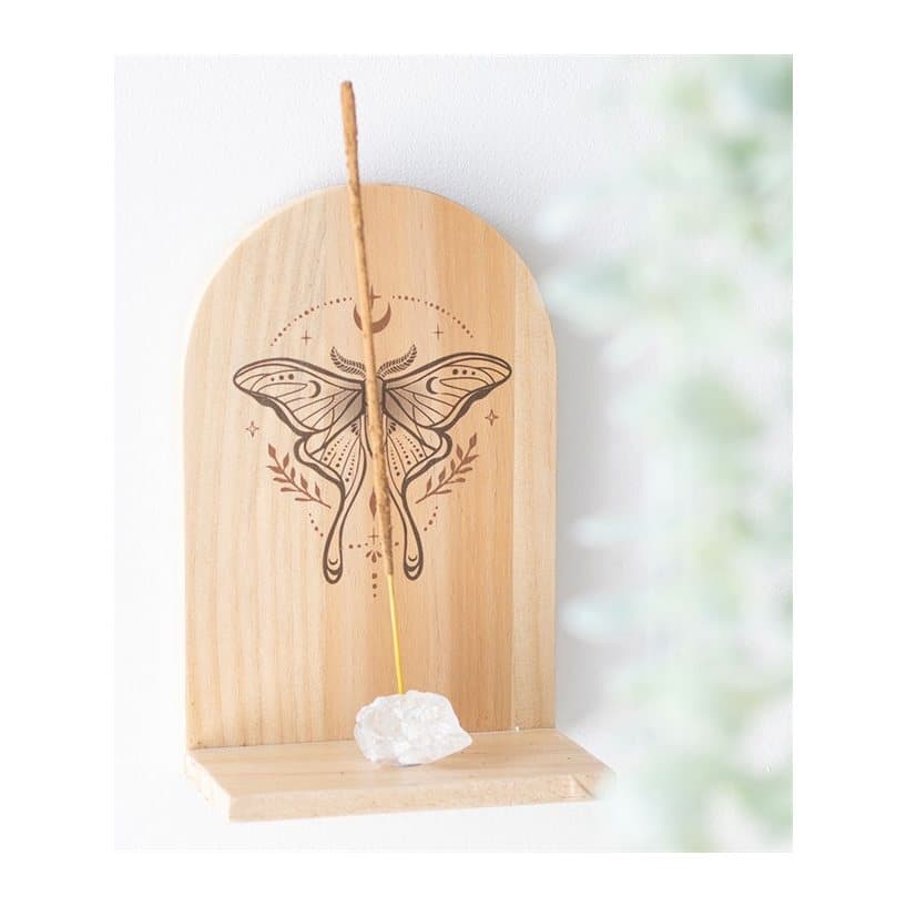 Wooden incense holder shelf with a luna moth design