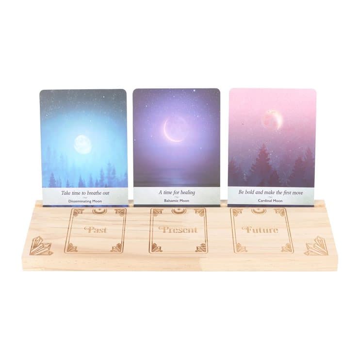 Tarot card stand with a past, present and future design