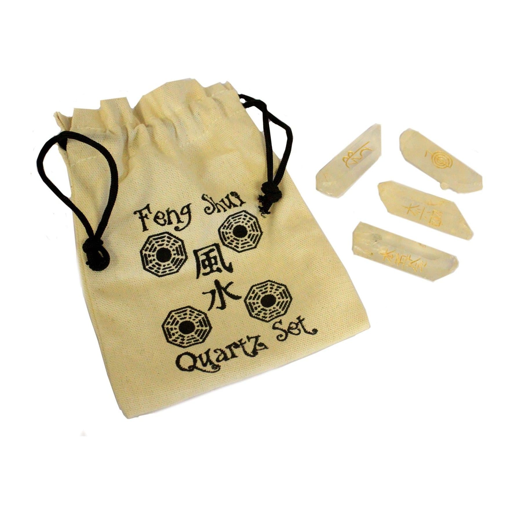 Four long natural quartz crystals engraved with Feng Shui symbols